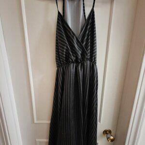 AKA Striped Surplice V-Neck Midi Dress - Black/Grey - Size Large
